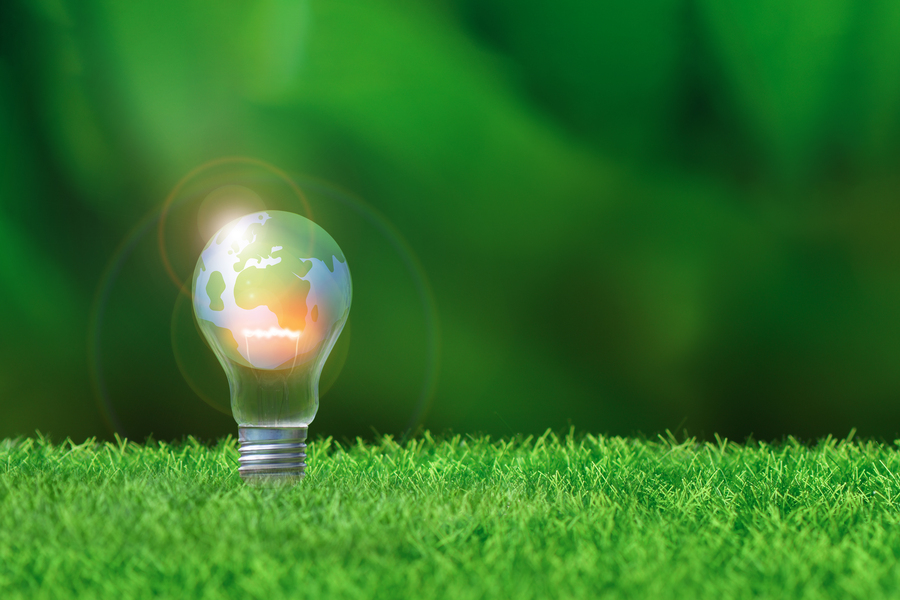 Energia verde: lâmpada com fundo verde de grama